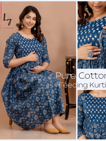 AtoZ Mart Premium Cotton Anarkali Feeding & Maternity Kurti – 48 Inch Length, 2 Side Zips All-Day Comfort for Moms Blue
