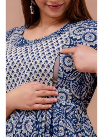 AtoZ Mart Premium Cotton Anarkali Feeding & Maternity Kurti – 48 Inch Length, 2 Side Zips All-Day Comfort for Moms (Blue)