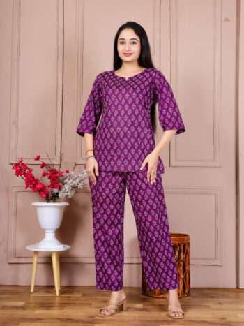 AtoZMart | PlumBlossom | Women's Night Suit | Purple Floral