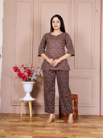 AtoZMart | ClayCraft | Women's Night Suit | Brown Block-Print