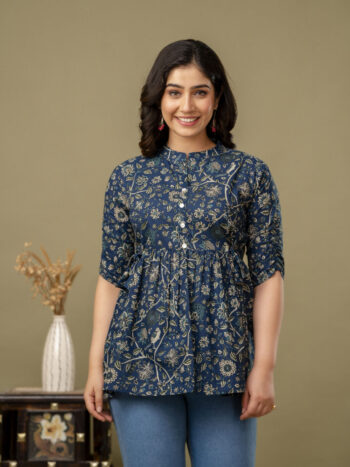 AtoZMart | KalamIndi | Women's Peplum Top | Indigo Blue