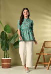 AtoZMart | TealFlare | Women's Peplum Top | Teal Green with Multi-Color Floral Print