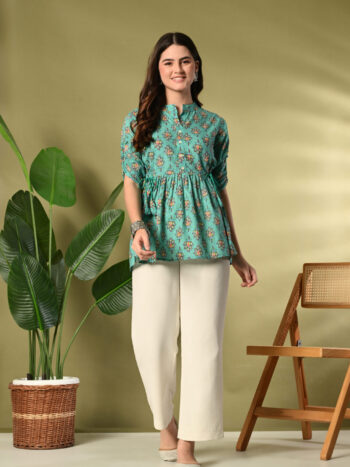 AtoZMart | TealFlare | Women's Peplum Top | Teal Green with Multi-Color Floral Print