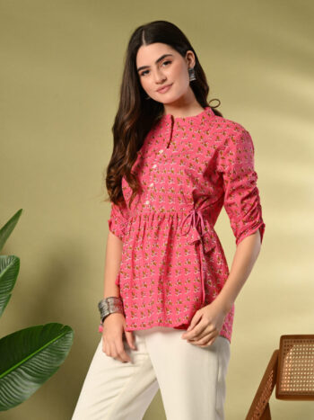 AtoZMart | PinkFlare | Women's Peplum Top | Bright Pink with Mini Floral Print