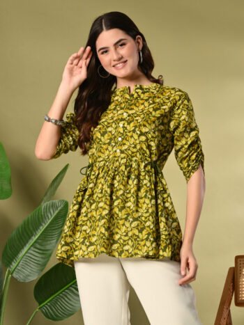 AtoZMart | OliveBloom | Women's Top | Olive Green with Yellow Floral Print