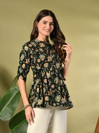 AtoZMart | EveFlare | Women's Peplum Top | Dark Green with Multi-Color Floral Print