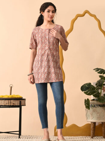 Murlikurti Peach Brown Ethnic Printed Straight Kurti