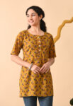 AtoZMart | FieldGold | Women's Tunic | Mustard Yellow with Pink & Maroon Floral Print