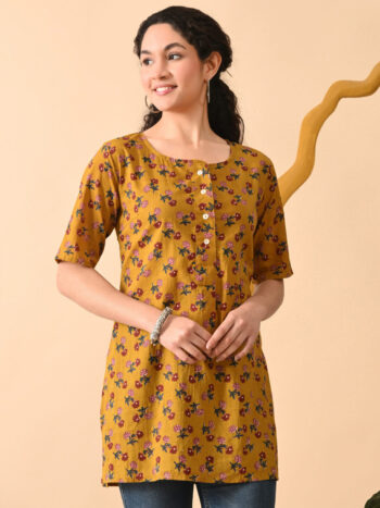 AtoZMart | FieldGold | Women's Tunic | Mustard Yellow with Pink & Maroon Floral Print