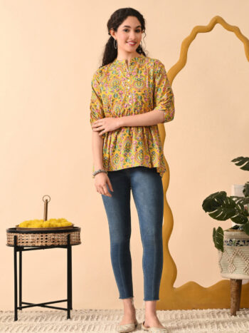 AtoZMart | GoldBloom | Women's Top | Mustard Yellow with Multicolor Floral Print