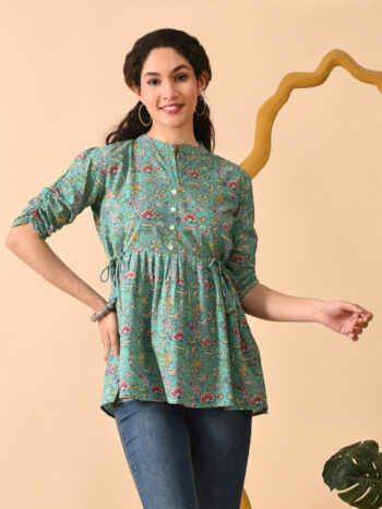 AtoZMart | TealVine | Women's Top | Teal Green with Multicolor Floral Print