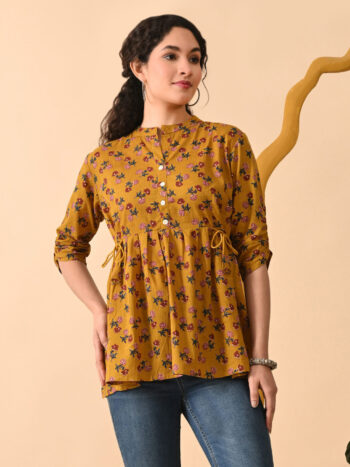 AtoZMart | BrownPetal | Women's Top | Mustard Brown with Pink Floral Print