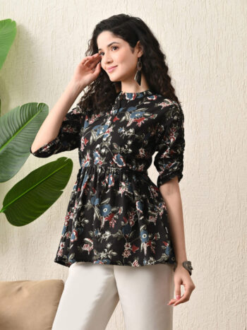 AtoZMart | NightBloom | Women's Top | Black with Multicolor Floral Print