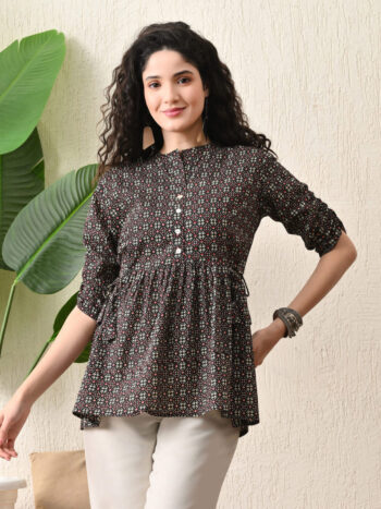 AtoZMart | NightGeo | Women's Top | Black with Red & White Geometric Print