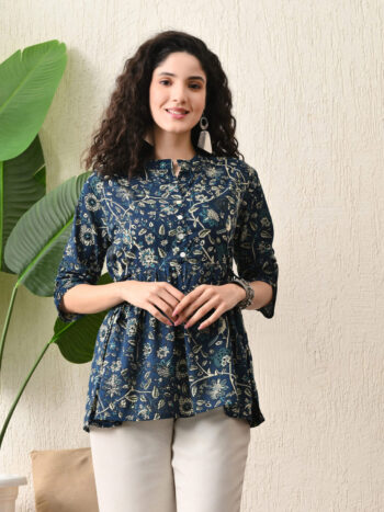 AtoZMart | NaviDrift | Women's Peplum Top | Deep Navy Blue with Beige & Teal Floral Print