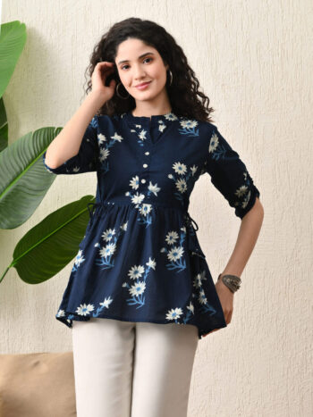 AtoZMart | NaviFlare | Women's Peplum Top | Navy Blue with White & Light Blue Floral Print