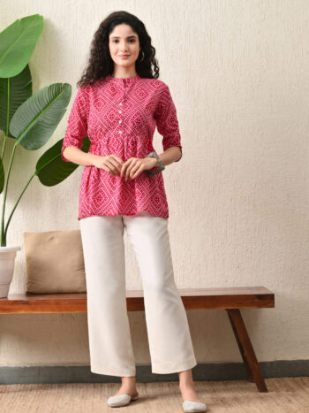 AtoZMart | RedFlare | Women's Peplum Top | Bright Red with White Geometric Print
