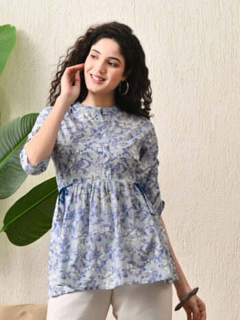 AtoZMart | SkyVine | Women's Top | Sky Blue with Blue & White Floral Print