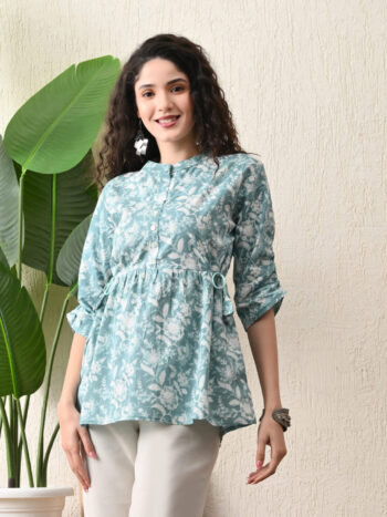 AtoZMart | SeaFlare | Women's Peplum Top | Sea Green with White Floral Print