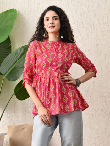 AtoZMart | PinkCraft | Women's Top | Rani Pink with Yellow & White Traditional Print