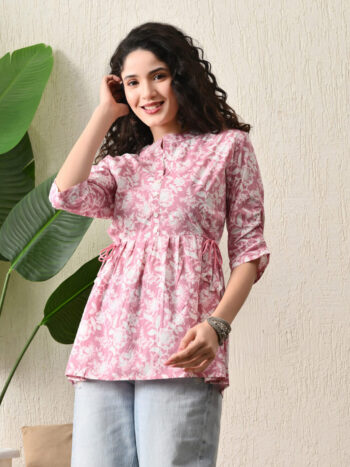 AtoZMart | BlushPetal | Women's Top | Blush Pink with White Floral Print