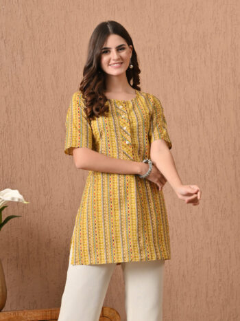 AtoZMart | CraftAmber | Women's Tunic | Mustard Yellow with White, Rust, Olive & Maroon accents Print Shades