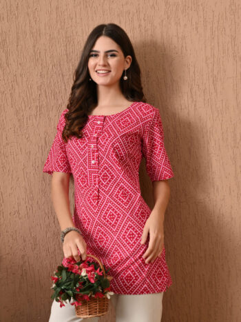 AtoZMart | DiamondRed | Women's Tunic | Bright Red with White Diamond Print