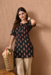AtoZMart | IkatNight | Women's Tunic | Black with Red & Off-White Ikat Print