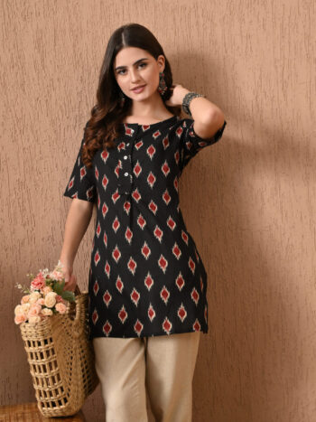 AtoZMart | IkatNight | Women's Tunic | Black with Red & Off-White Ikat Print