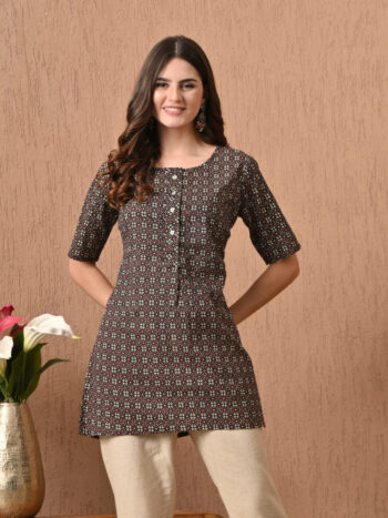 AtoZMart | MicroNight | Women's Tunic | Black with Red & Beige Mini Motif Print