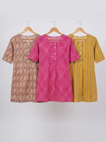 AtoZMart Pack of 3 Tunics | Beige + Fuchsia + Mustard | Value Set