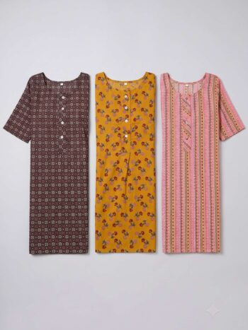 AtoZMart Pack of 3 Tunics | Chocolate Brown + Mustard + Pink | Value Set