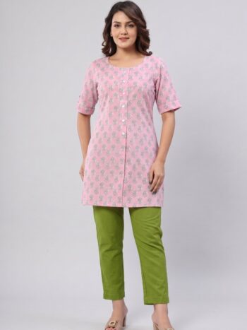 AtoZMart Combo | Pink Tunic + Green Straight Pant | 2-in-1 Value Set