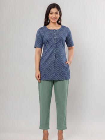 AtoZMart Combo | Indigo Tunic + Sage Green Pant | 2-in-1 Value Set