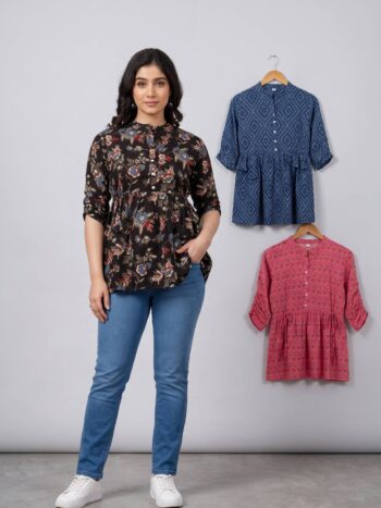 AtoZMart Pack of 3 Tops | Black + Indigo + Pink | Value Set