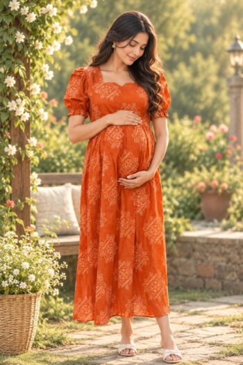 Rust Elegance Maternity Maxi Dress in Rust Orange – maternity kurti by AtoZMart