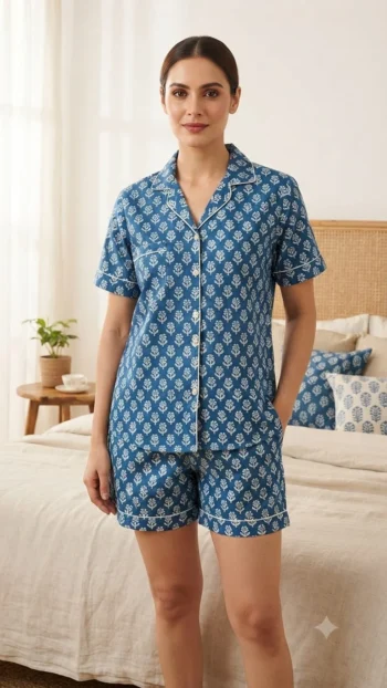 Indigo Petal Buti Shirt Shorts Night Suit in Indigo Blue – women's cotton night suit by AtoZMart