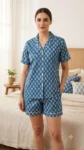 Indigo Petal Buti Shirt Shorts Night Suit in Indigo Blue – women's cotton night suit by AtoZMart