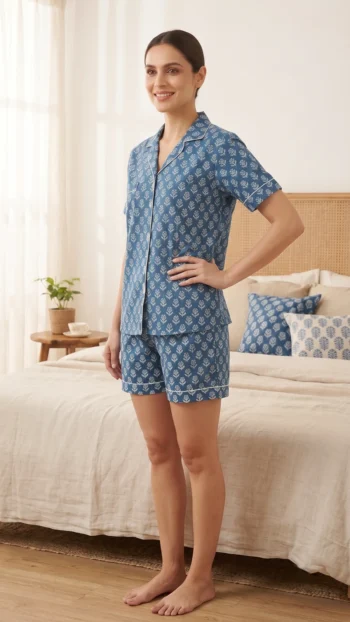 Indigo Petal Buti Shirt Shorts Night Suit in Indigo Blue – women's cotton night suit, photo 2