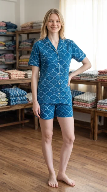 Indigo Trellis Shirt Shorts Night Suit in Indigo Blue – women's cotton night suit, photo 2