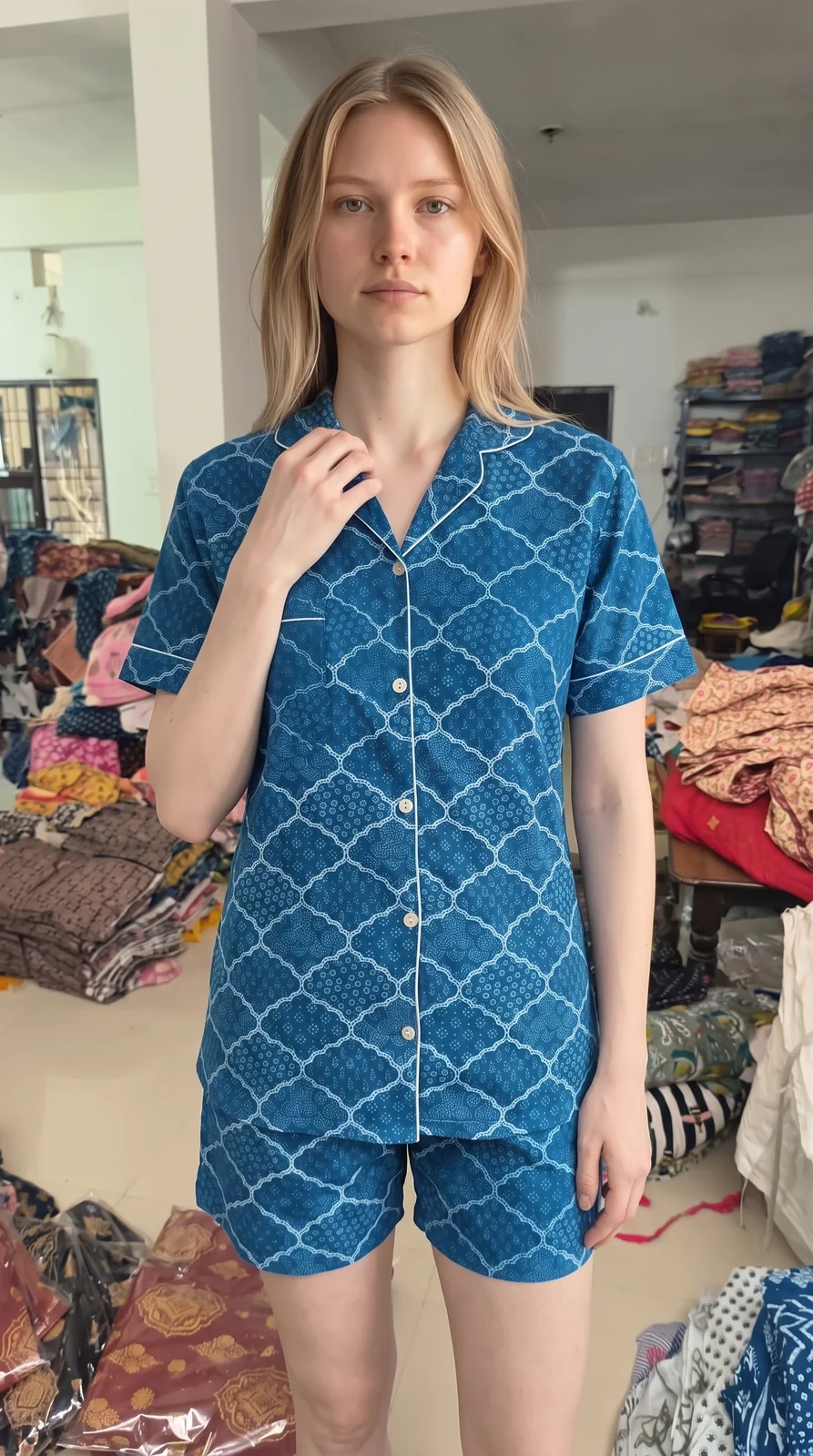 025-indigo-ogee-trellis-shirt-short-set-4 Indigo Trellis Shirt Shorts Night Suit in Indigo Blue – women's cotton night suit, photo 4