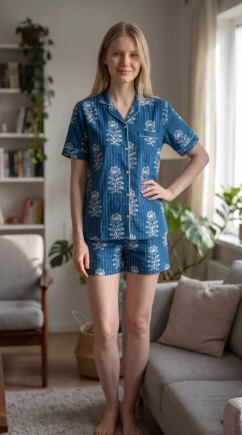 Indigo Stripe Bloom Shirt Shorts Night Suit in Indigo Blue – women's cotton night suit, photo 2