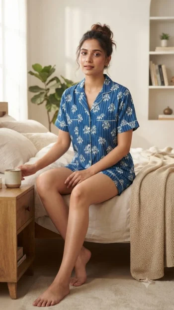Indigo Stripe Buti Shirt Shorts Night Suit in Indigo Blue – women's cotton night suit by AtoZMart
