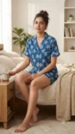 Indigo Stripe Buti Shirt Shorts Night Suit in Indigo Blue – women's cotton night suit by AtoZMart