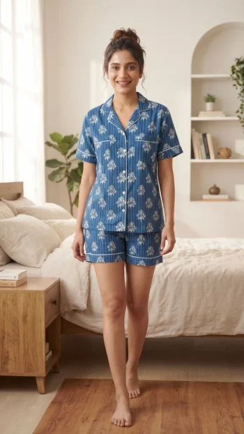 Indigo Stripe Buti Shirt Shorts Night Suit in Indigo Blue – women's cotton night suit, photo 2