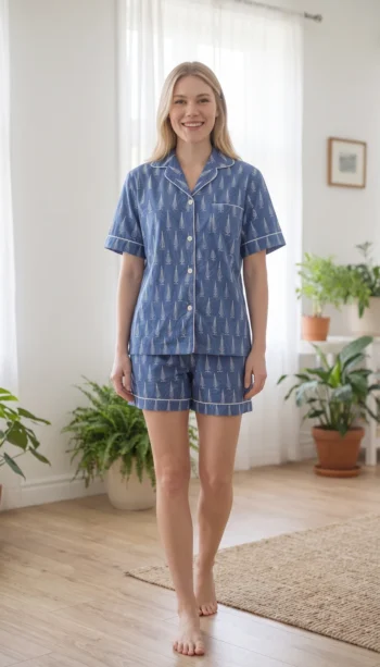 Sky Leaf Shirt Shorts Night Suit in Light Blue – women's cotton night suit, photo 2