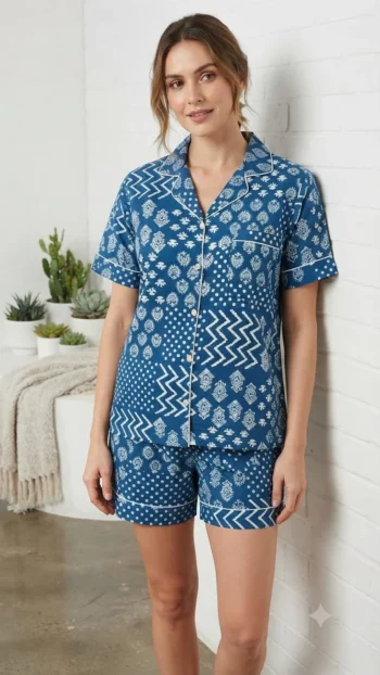 Indigo Patchwork Shirt Shorts Night Suit in Indigo Blue – women's cotton night suit by AtoZMart