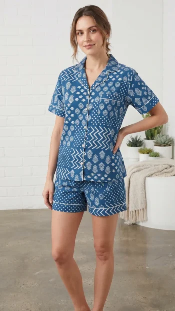 Indigo Patchwork Shirt Shorts Night Suit in Indigo Blue – women's cotton night suit, photo 2