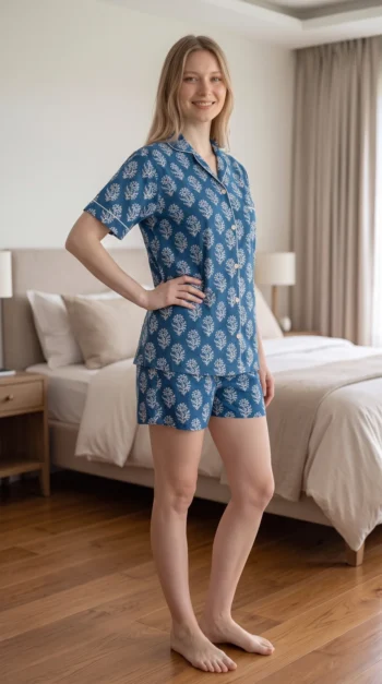 Indigo Grand Buti Shirt Shorts Night Suit in Indigo Blue – women's cotton night suit, photo 2