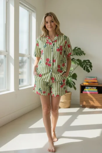 Cherry Stripe Shirt Shorts Night Suit in Green – women's cotton night suit by AtoZMart